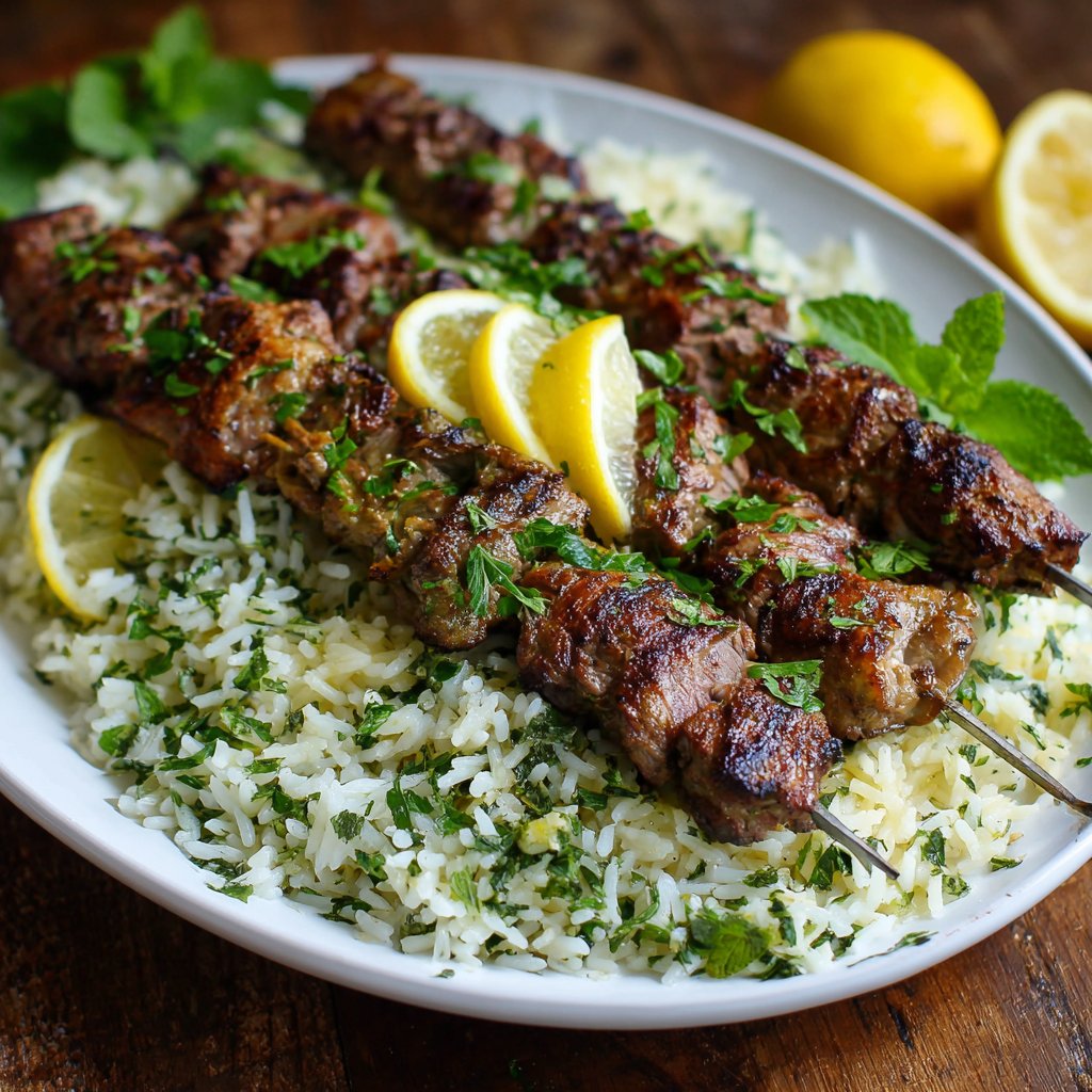 Golden-brown skewers of lamb atop fluffy, green-herbed rice, garnished with fresh parsley and slices of lemon for brightness.