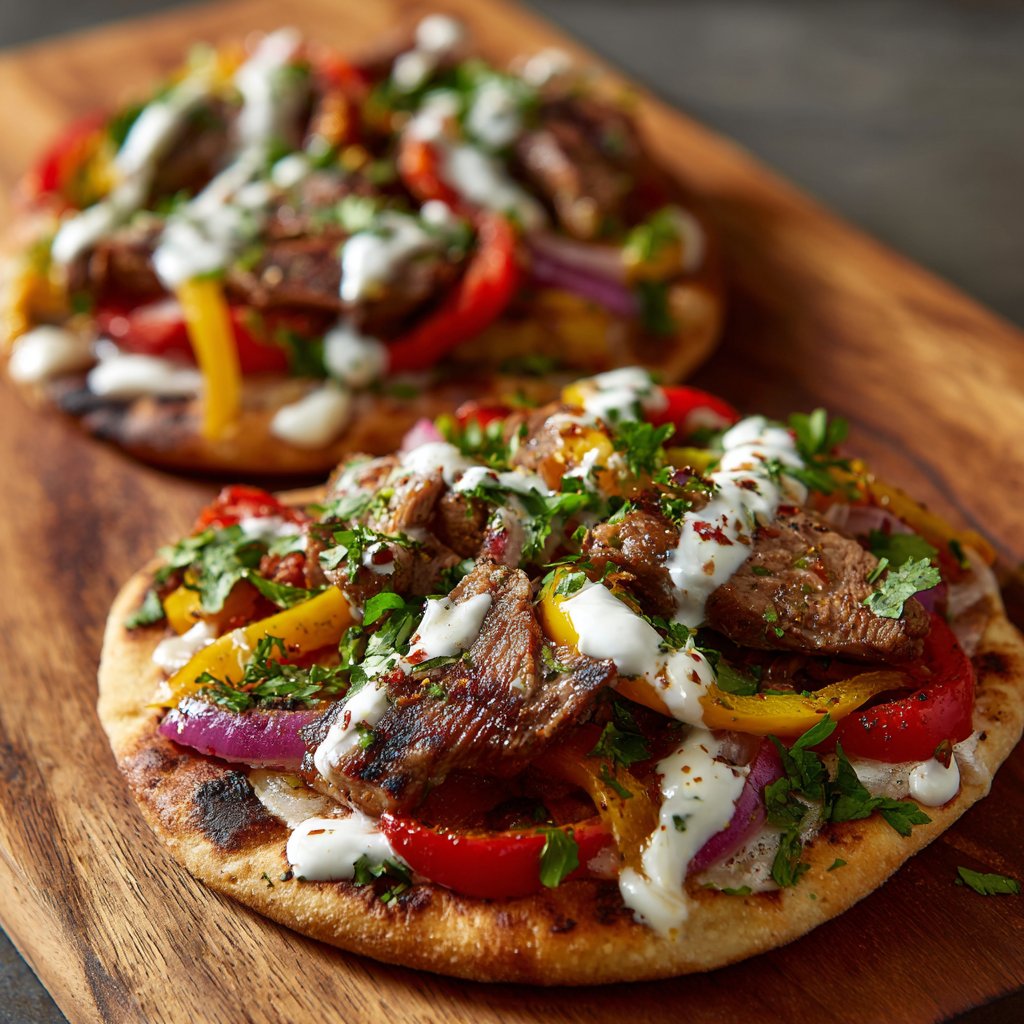 Golden-brown, broiled lamb slices atop warm flatbreads, garnished with colorful bell peppers and a drizzle of yogurt sauce.