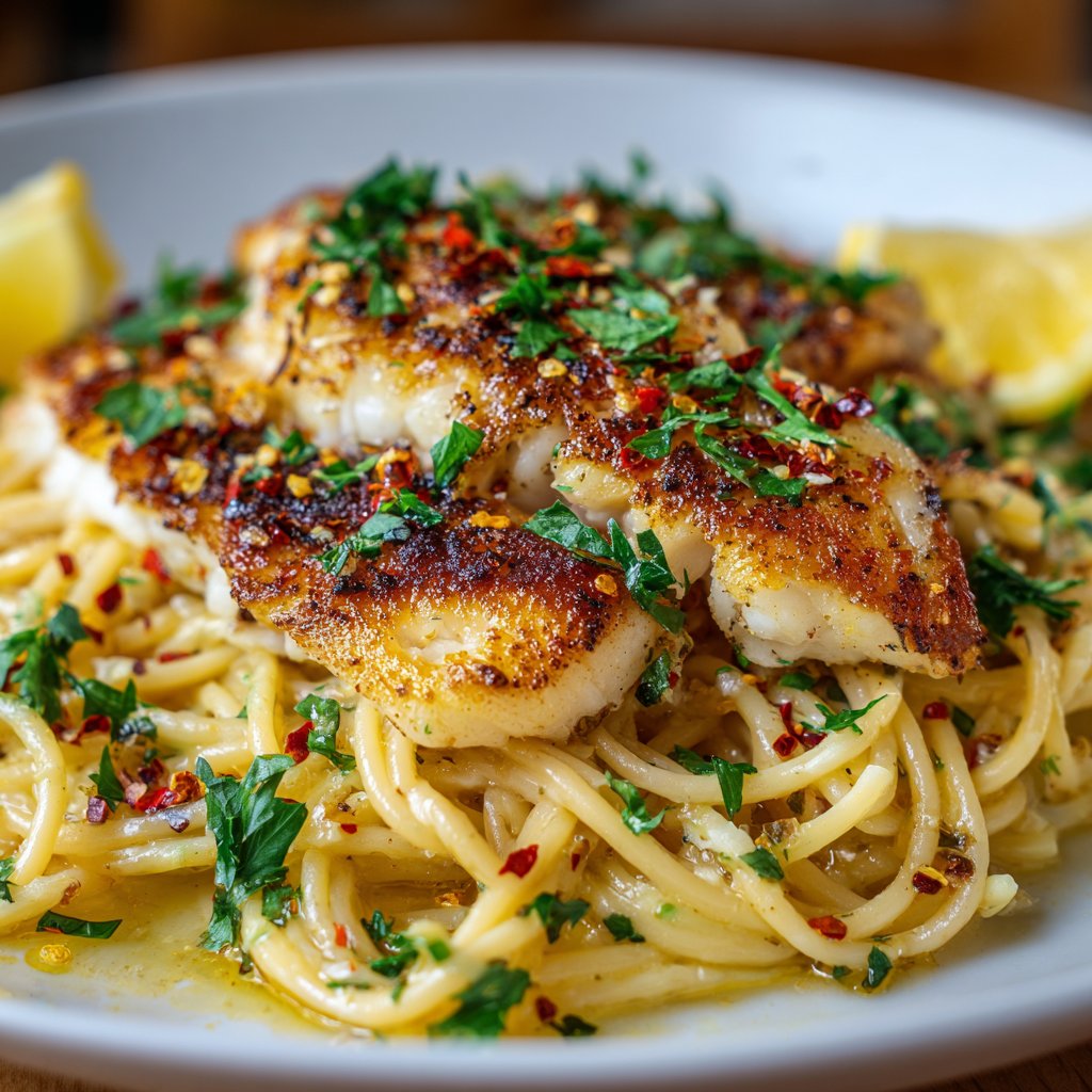 Plated with golden-brown fish on a bed of glossy, lemony pasta, garnished with fresh herbs and a sprinkle of red pepper flakes.