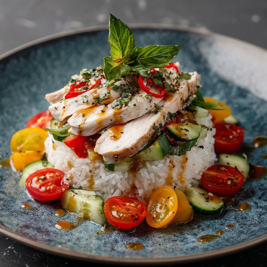 The dish features tender chicken slices atop a bed of fluffy rice, adorned with colorful vegetables and a drizzle of tangy dressing.