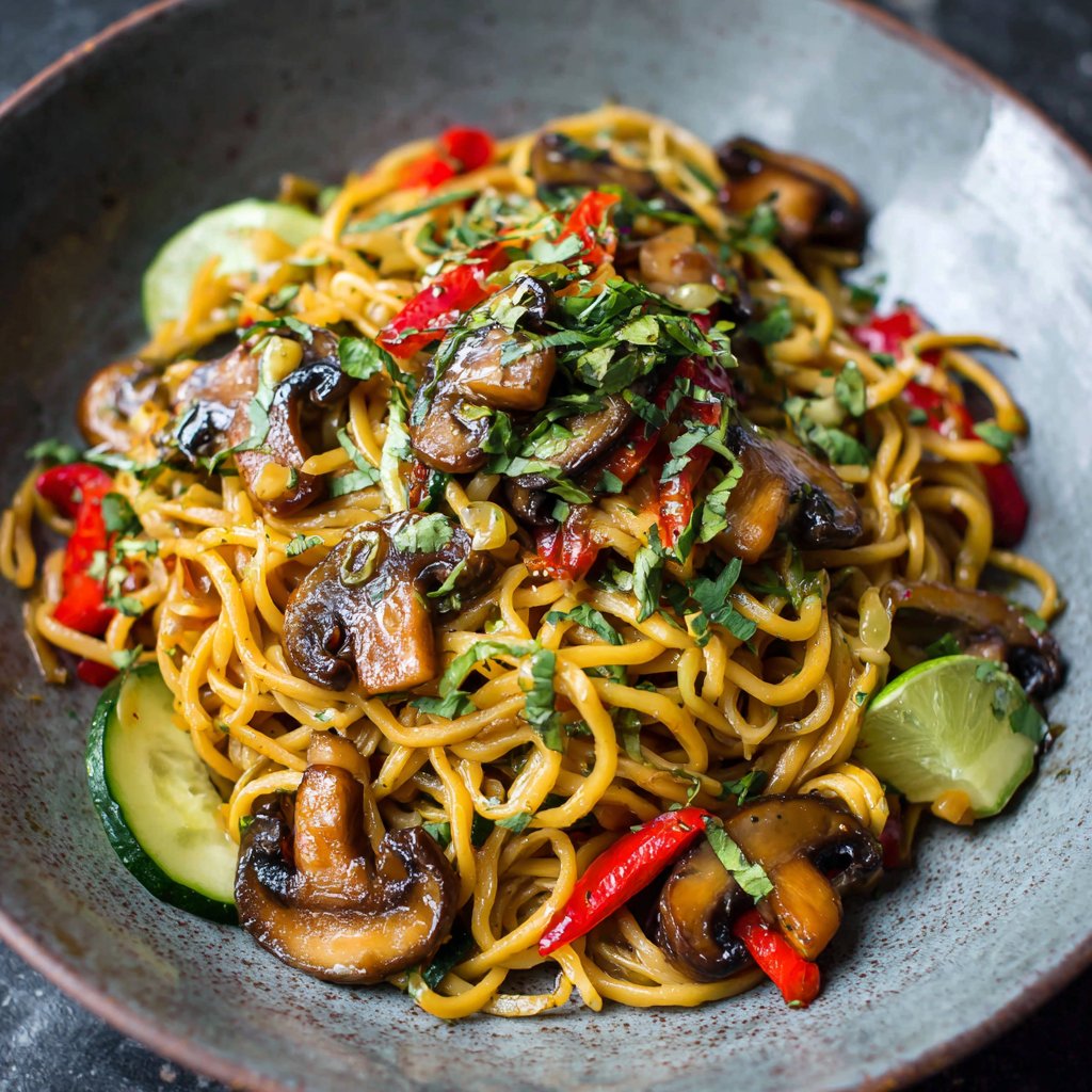 A vibrant plate featuring colorful noodles topped with golden-brown mushrooms, garnished with fresh herbs and a drizzle of dressing.