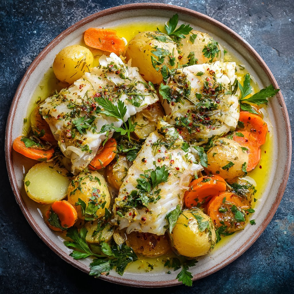 A vibrant plate featuring flaky white fish nestled among golden herbed potatoes, garnished with fresh herbs and a drizzle of olive oil.