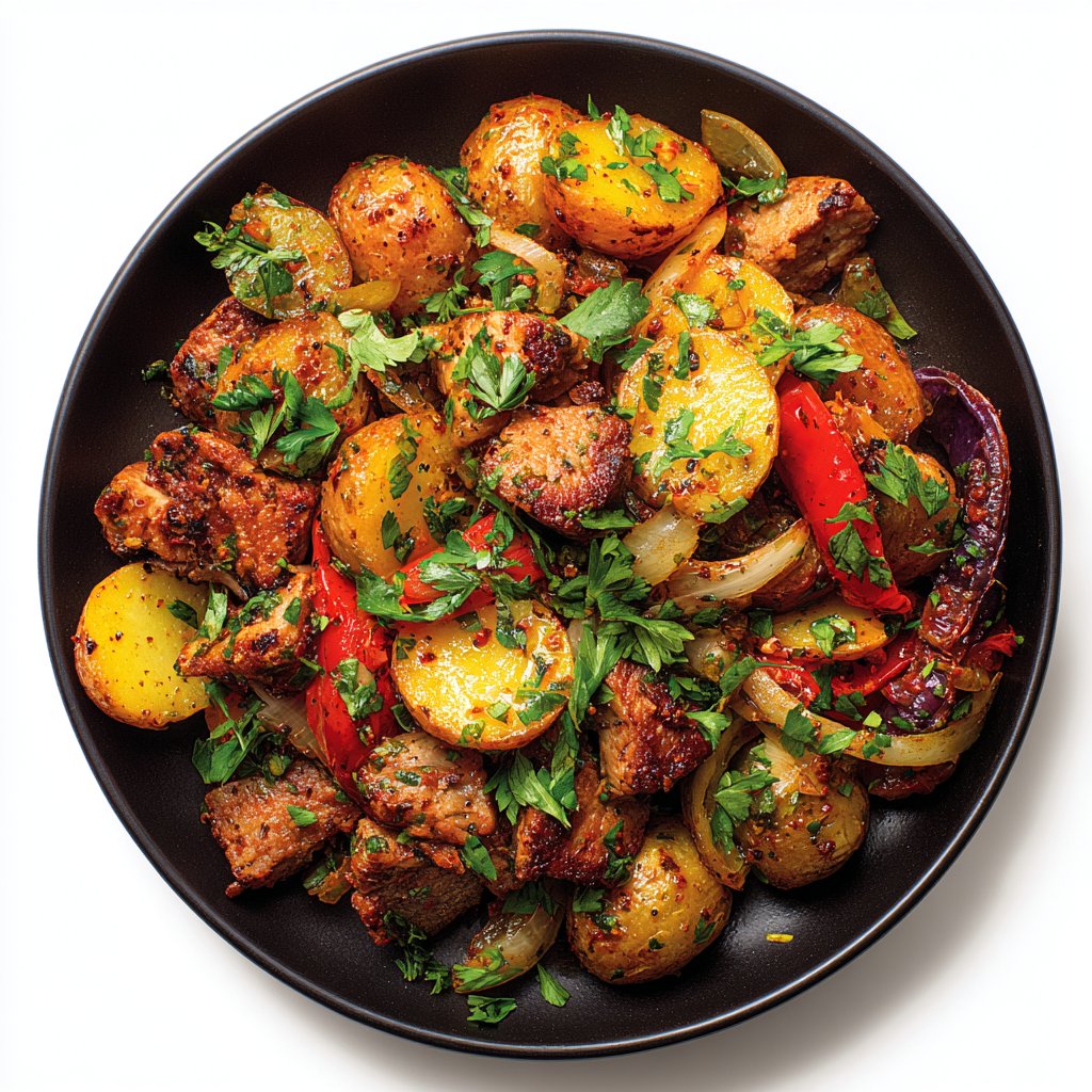 The dish features golden, crispy potatoes, succulent pork, and vibrant green herbs, all artfully arranged in a colorful medley.