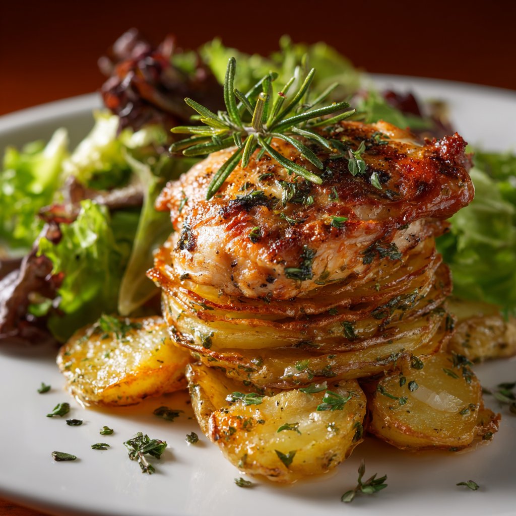 The dish showcases golden-brown chicken atop crispy potato stacks, garnished with fresh herbs and served with a vibrant green salad.