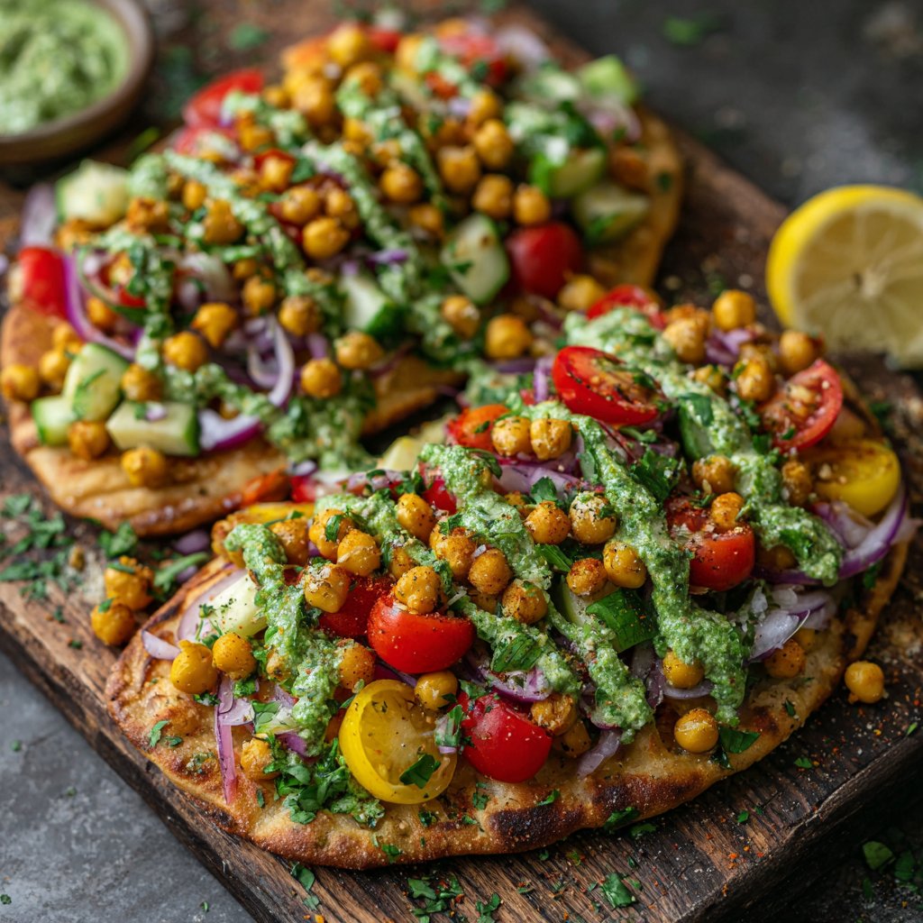 Golden chickpeas atop warm flatbread, garnished with colorful diced vegetables and drizzled with a lush green herb dressing.