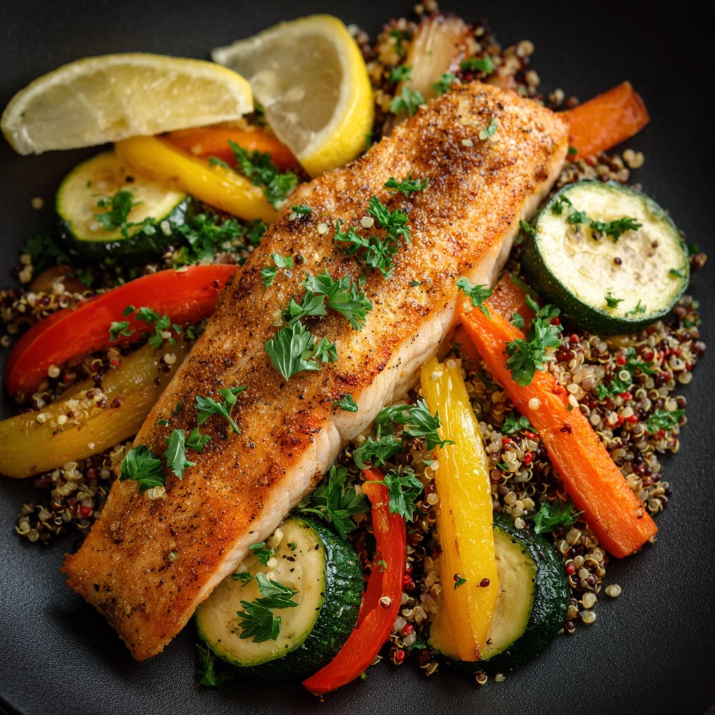 A beautifully plated dish featuring golden-brown trout on a bed of vibrant herb quinoa, surrounded by colorful roasted vegetables.