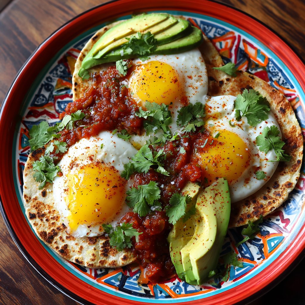 The dish features golden poached eggs nestled on warm, spiced tortillas, topped with vibrant green avocado slices and fresh red salsa.