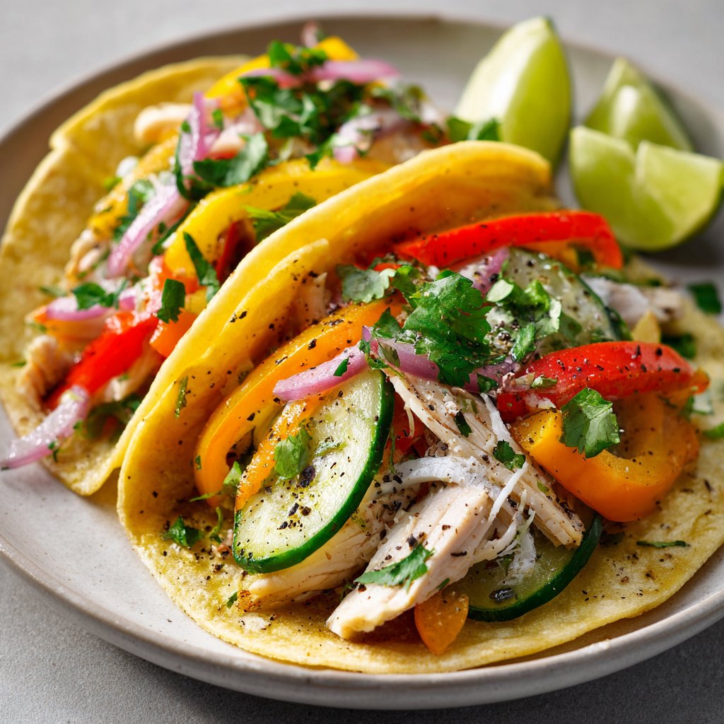 Colorful tortillas filled with marinated chicken, vibrant pickled cucumbers, and fresh bell peppers, garnished with cilantro and lime wedges.
