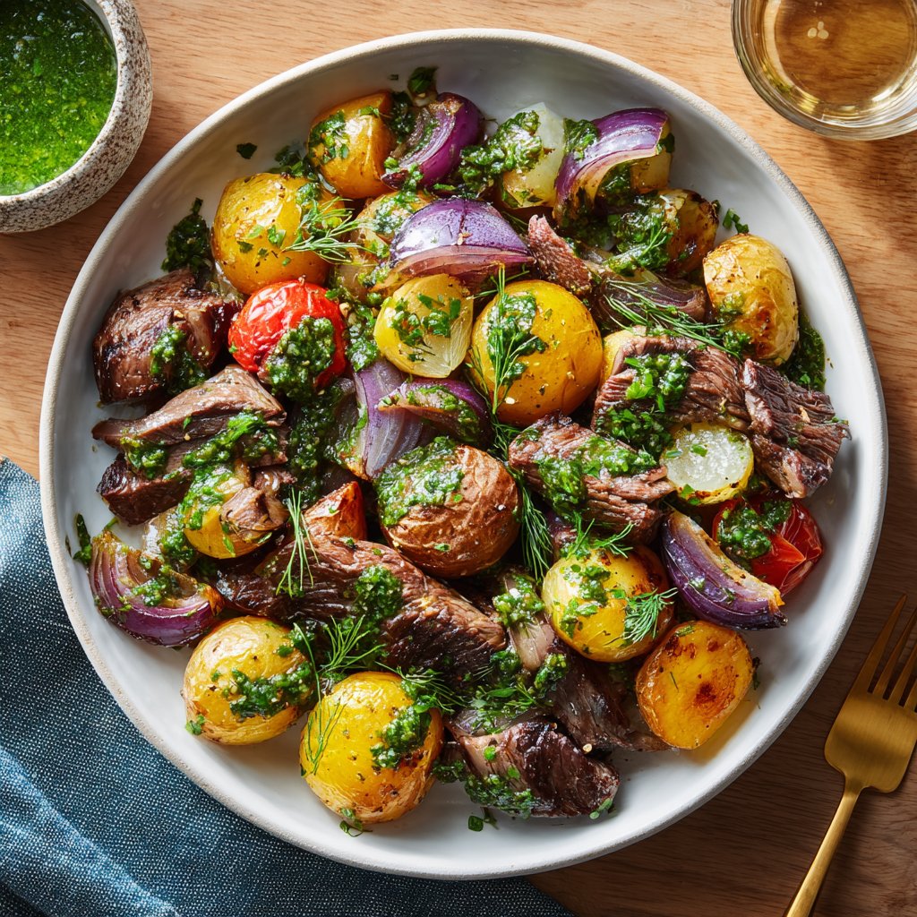The dish showcases colorful roasted potatoes, slices of beef, and a sprinkle of fresh herbs, all drizzled with a vibrant green vinaigrette.