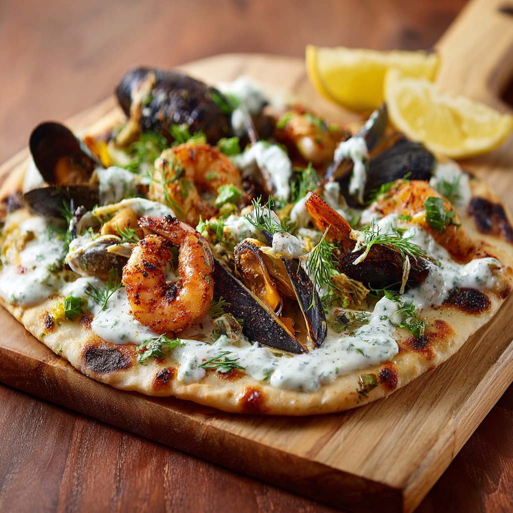 Golden brown roasted shellfish atop warm flatbread, drizzled with green herb yogurt and garnished with fresh herbs, creating a colorful and inviting presentation.