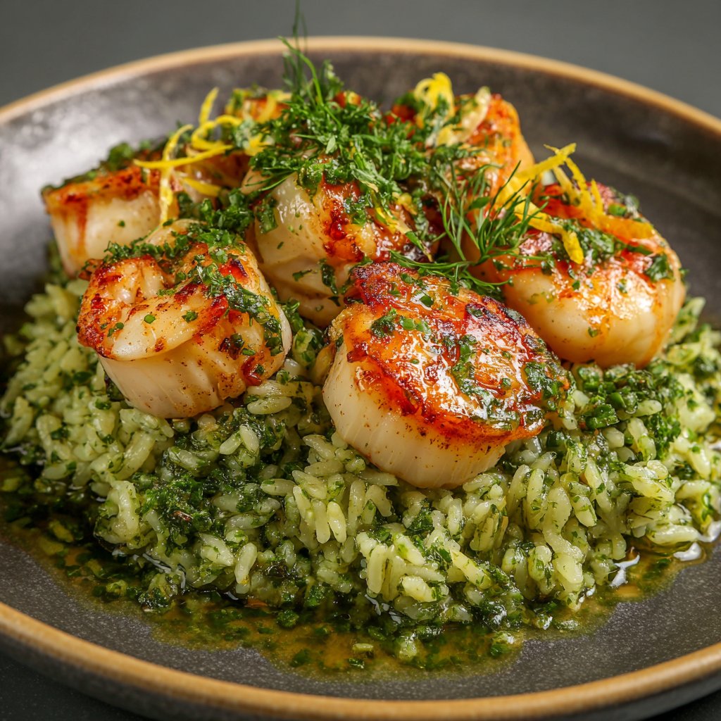 The dish features vibrant green herbed rice topped with glossy, succulent shellfish, garnished with fresh herbs and a drizzle of garlic butter.