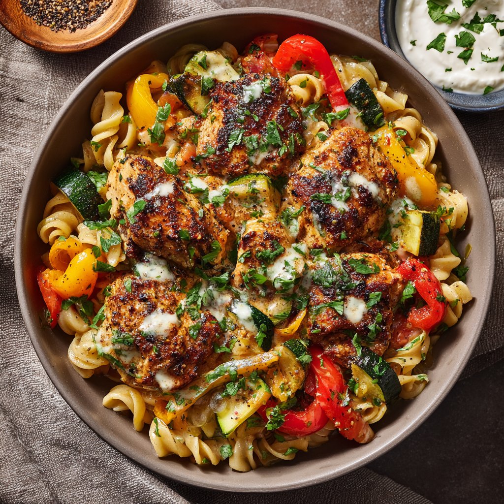 A colorful bowl of pasta topped with golden-brown marinated chicken, vibrant bell peppers, and fresh herbs, drizzled with a light sauce.
