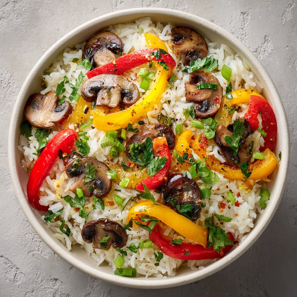 The dish showcases a vibrant array of colors with earthy mushrooms, bright bell peppers, and fresh herbs, all atop a bed of fluffy white rice.