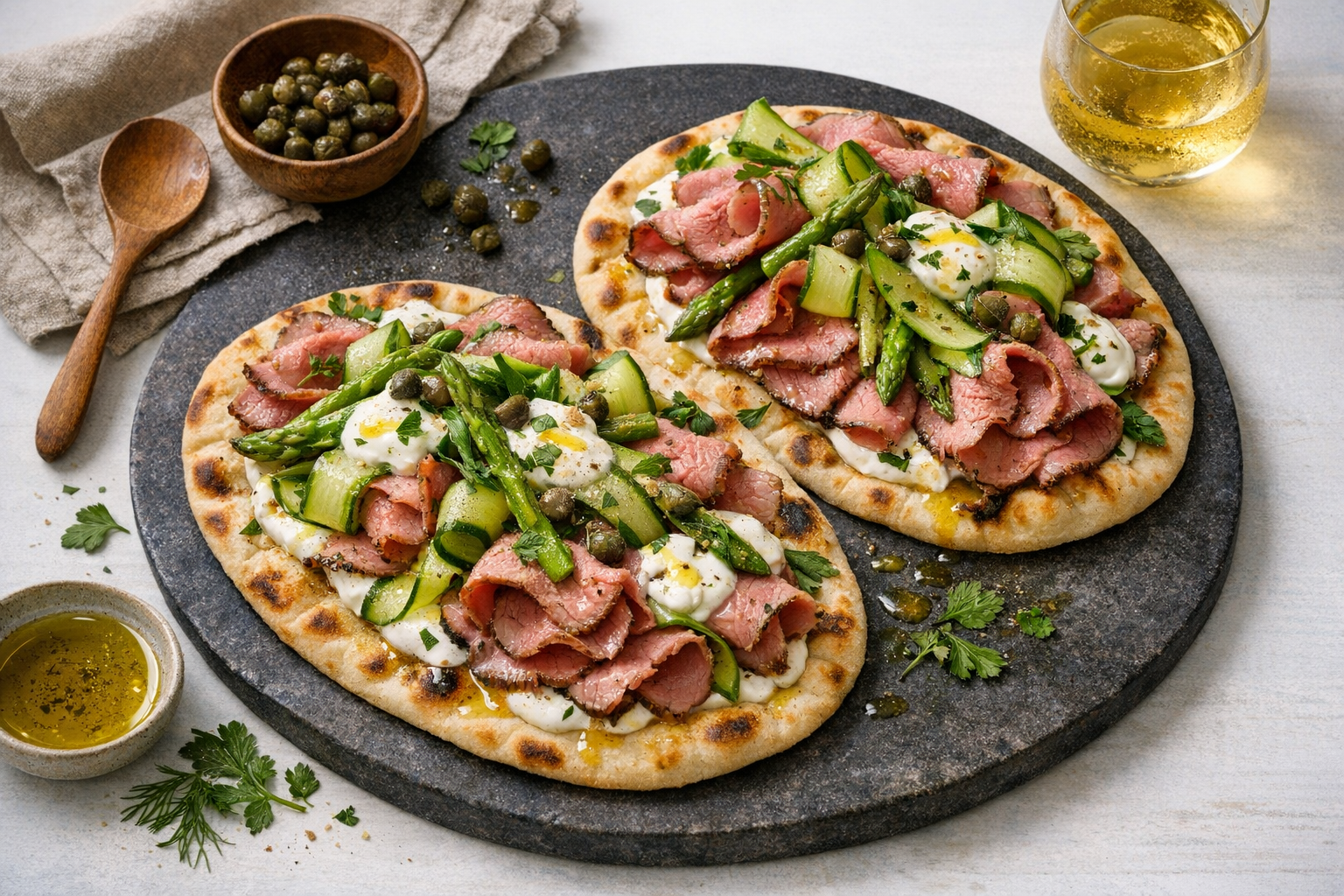 Rosy, thin-sliced beef layered on cool flatbreads with pale-green cucumber-asparagus ribbons, dollops of lemon yogurt, capers, and herbs, glistening with olive oil on a matte stone platter.