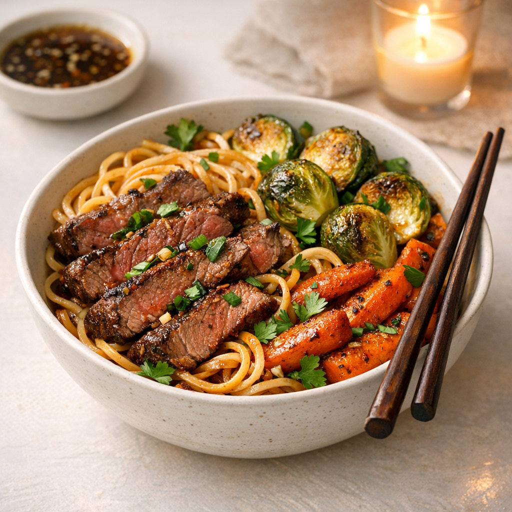 A vibrant bowl featuring glossy noodles topped with tender beef strips, roasted carrots, and Brussels sprouts, garnished with fresh herbs.
