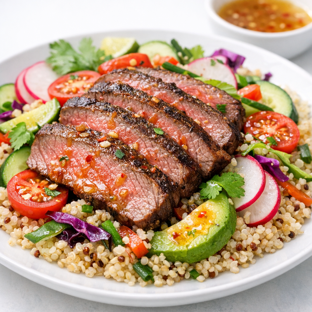 A colorful plate featuring slices of juicy beef atop fluffy quinoa, garnished with vibrant vegetables and a drizzle of citrus dressing.