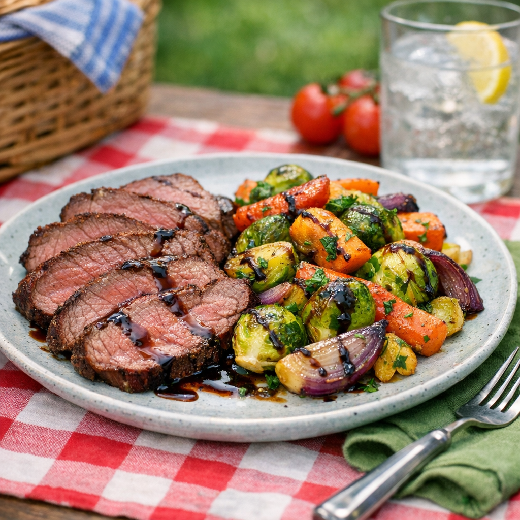 A vibrant plate showcasing golden roasted beef slices alongside colorful Brussels sprouts and carrots drizzled with a balsamic glaze.