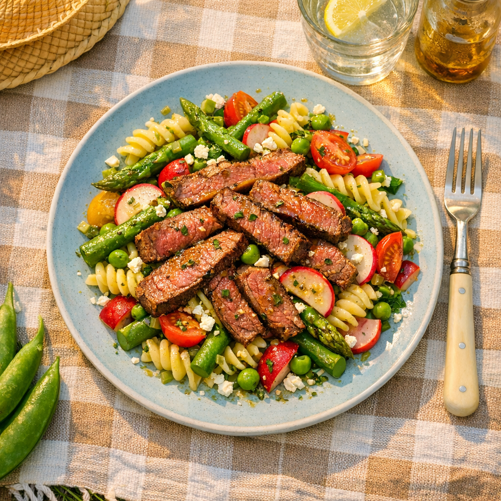 A colorful plate featuring tender beef strips, al dente pasta, and bright green vegetables, all drizzled with a tangy dressing.
