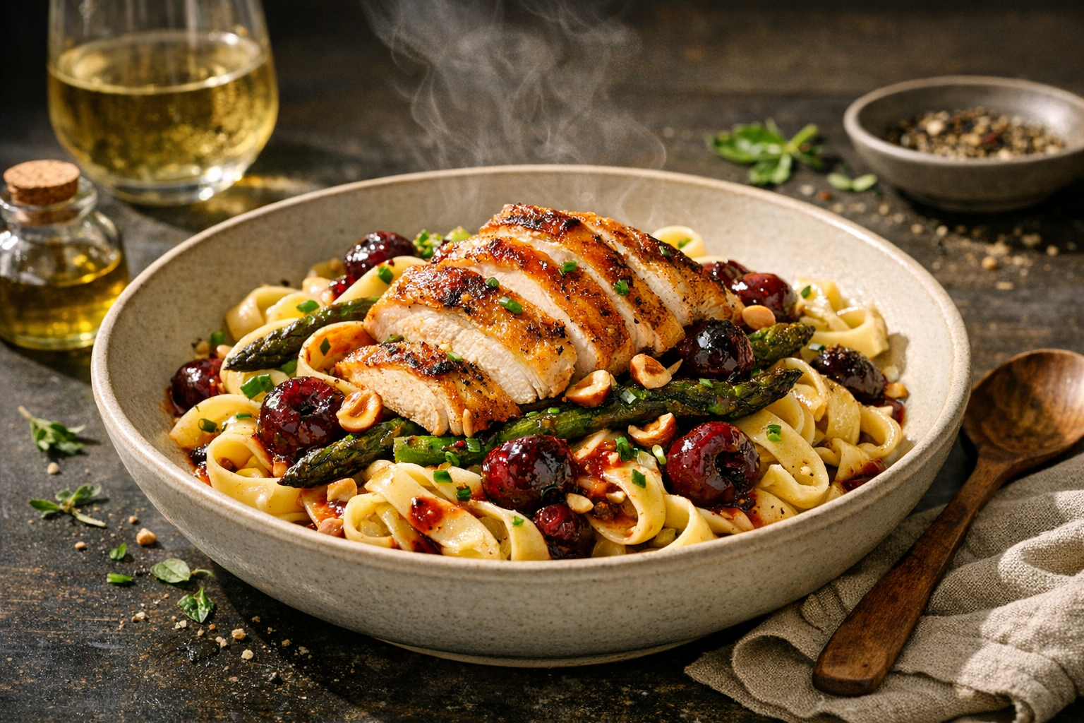 Slices of golden-roasted chicken and blistered asparagus over glossy egg noodles, jeweled with roasted cherries and toasted hazelnuts, chive-sprinkled and lightly dressed, mounded in a wide matte stoneware bowl.