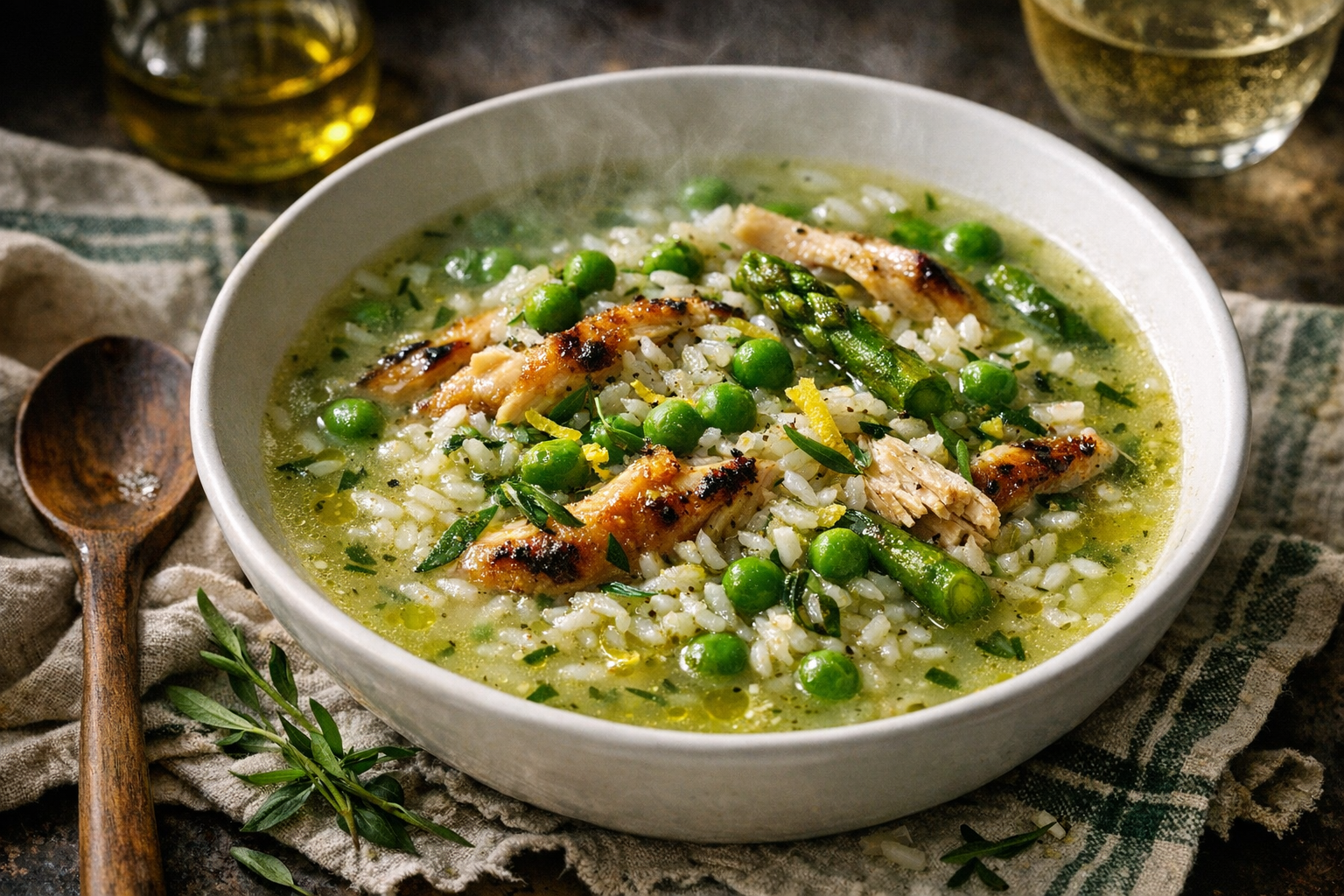 A white soup bowl brims with pale-green broth, pearly rice, roasted chicken shreds, bright peas and asparagus, flecks of lemon zest and tarragon, glistening with tiny golden oil droplets.