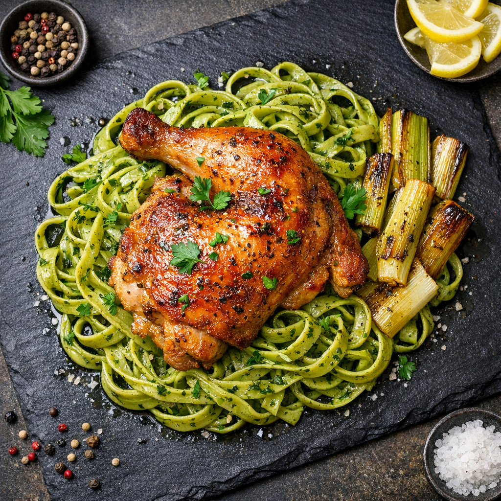 A golden-brown roasted chicken served atop vibrant green herb noodles, garnished with fresh parsley and accompanied by roasted leeks.
