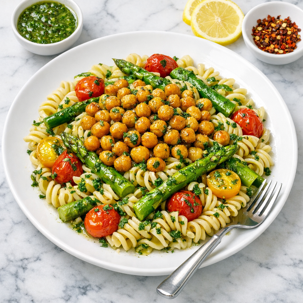 The dish features golden roasted chickpeas atop a bed of pasta, vibrant green asparagus, and cherry tomatoes, drizzled with a bright herb dressing.