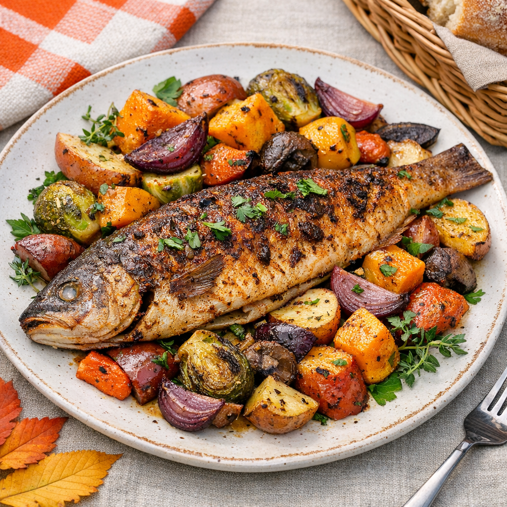 The plate features golden-brown roasted fish, surrounded by a colorful array of tender, caramelized vegetables, garnished with fresh herbs.
