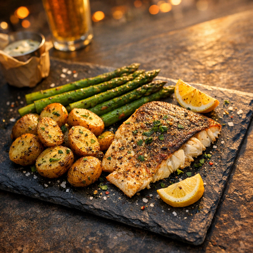 The dish features perfectly roasted fish alongside golden, herb-seasoned potatoes and bright green asparagus, creating a vibrant and inviting presentation.