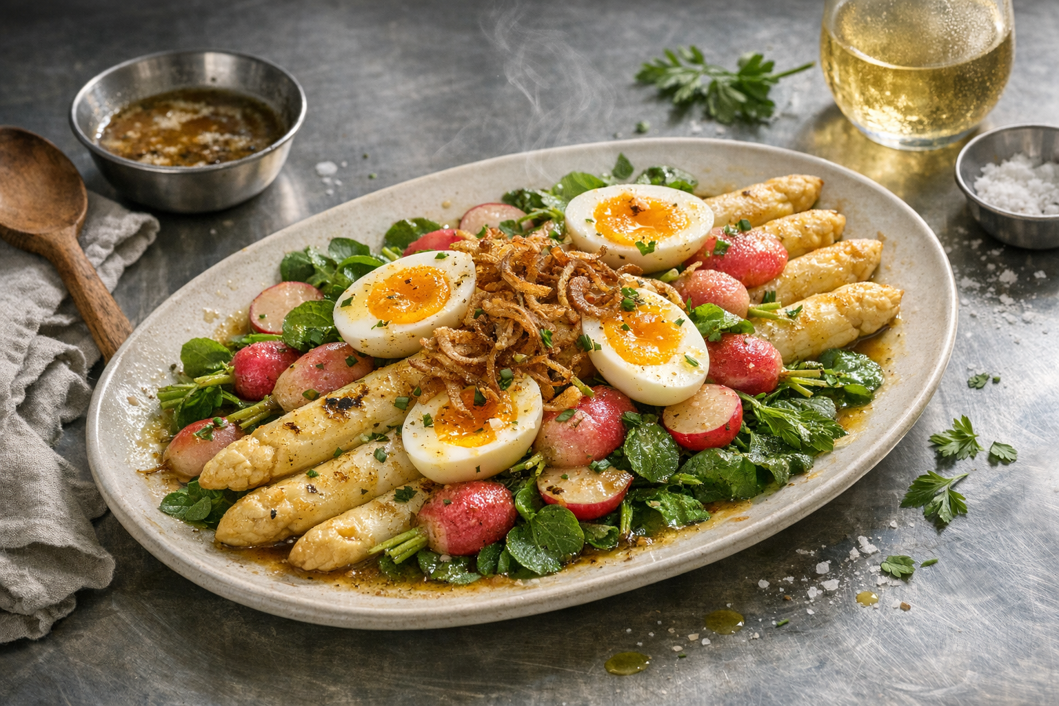 Glossy white asparagus and blushed radishes on a bed of vivid green watercress, crowned with halved jammy eggs and frizzled shallots, all glistening with lemon-brown butter on a warm oval platter.