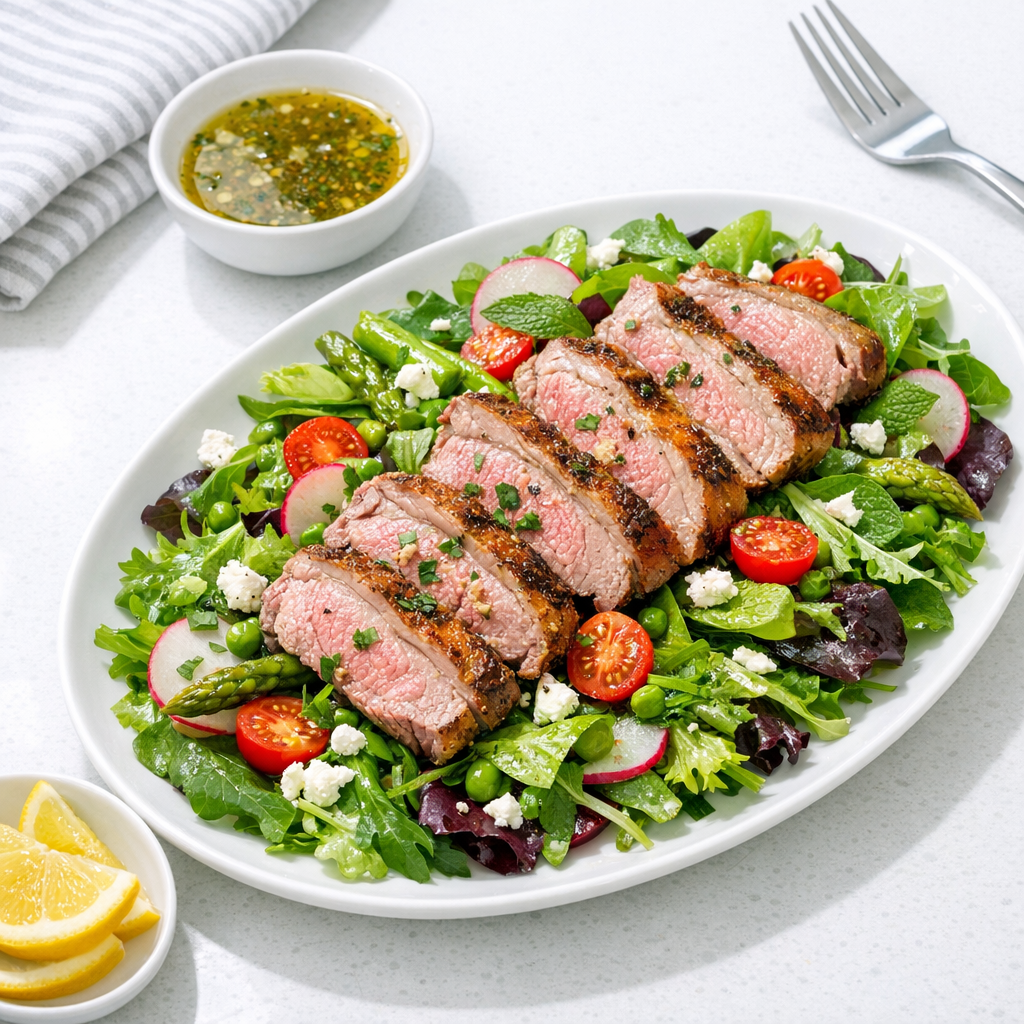 A colorful salad featuring slices of golden roasted lamb atop a bed of vibrant greens, garnished with fresh herbs and a zesty dressing.