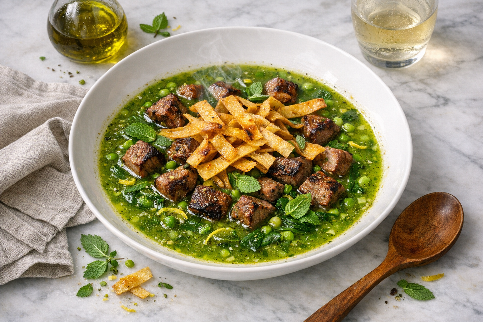 Emerald-green spring soup with seared lamb cubes and golden tortilla ribbons, glistening with olive oil and mint, served in a wide white bowl with lemon zest flecks.