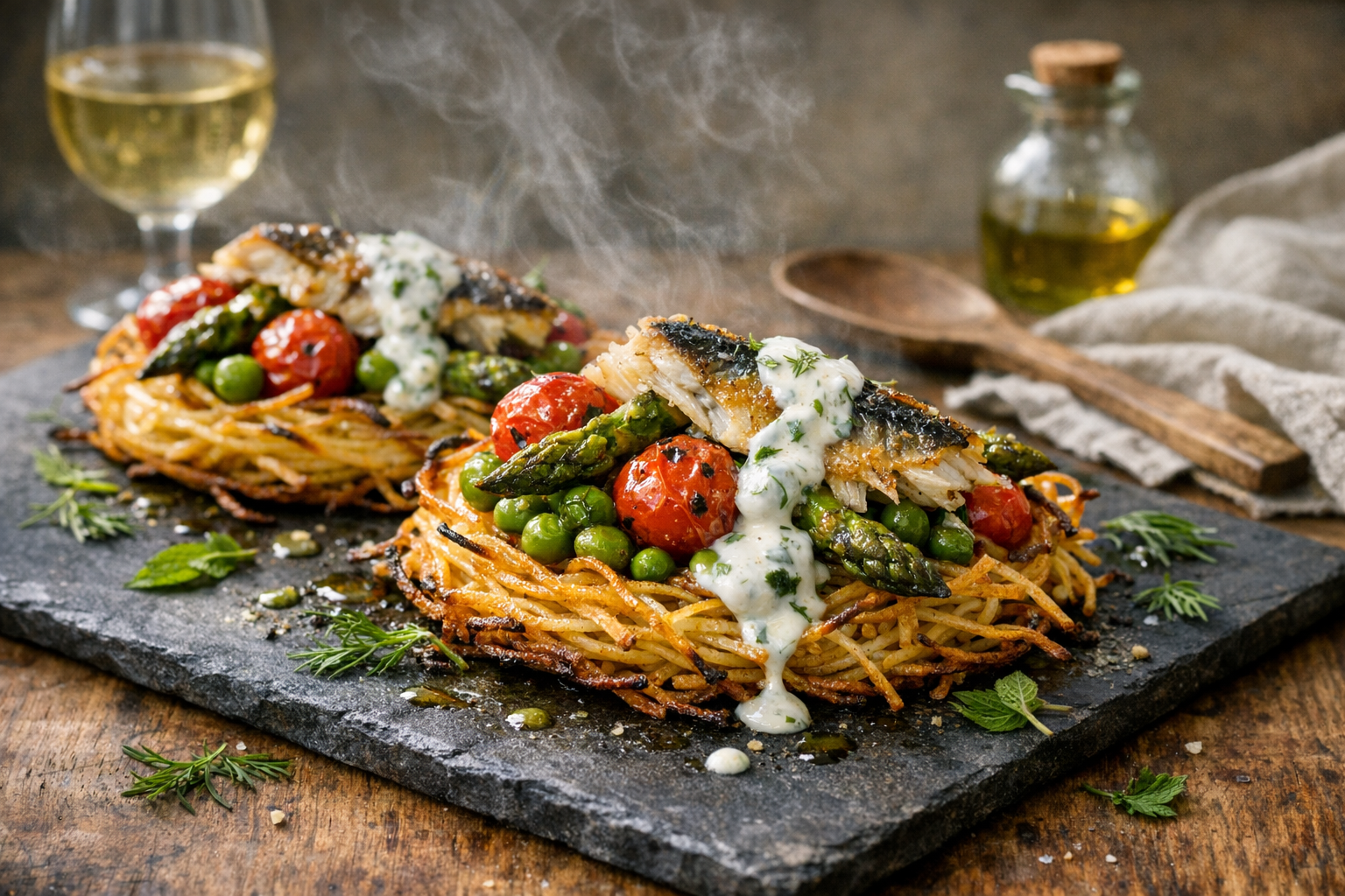 Golden, crisp-edged spaghetti nests crowned with pearly flakes of roasted mackerel, blistered red tomatoes and glossy green asparagus-pea jewels, streaked with pale herb yogurt on a matte slate platter.