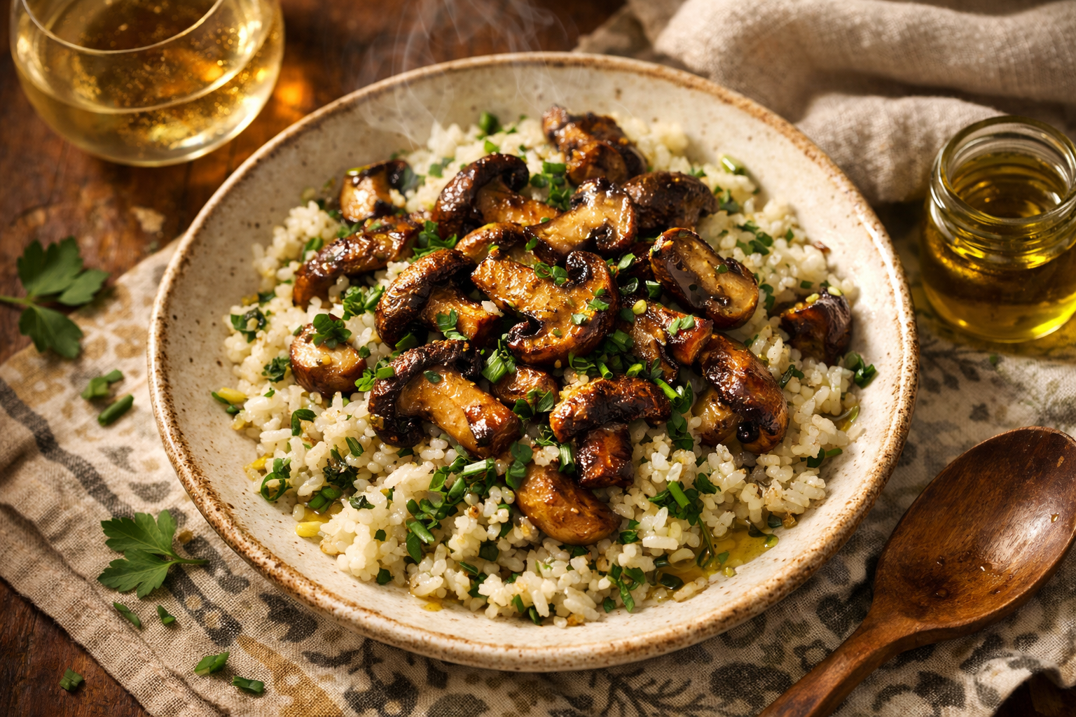 A vibrant bowl of fluffy rice topped with golden roasted mushrooms and a sprinkle of fresh herbs, garnished with a drizzle of olive oil.