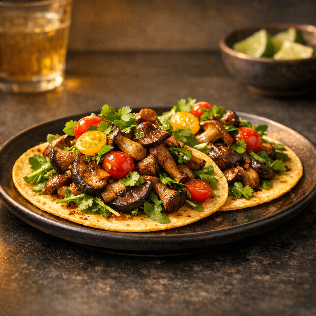 A colorful plate featuring warm tortillas topped with a medley of roasted mushrooms, fresh greens, and vibrant cherry tomatoes, garnished with cilantro.