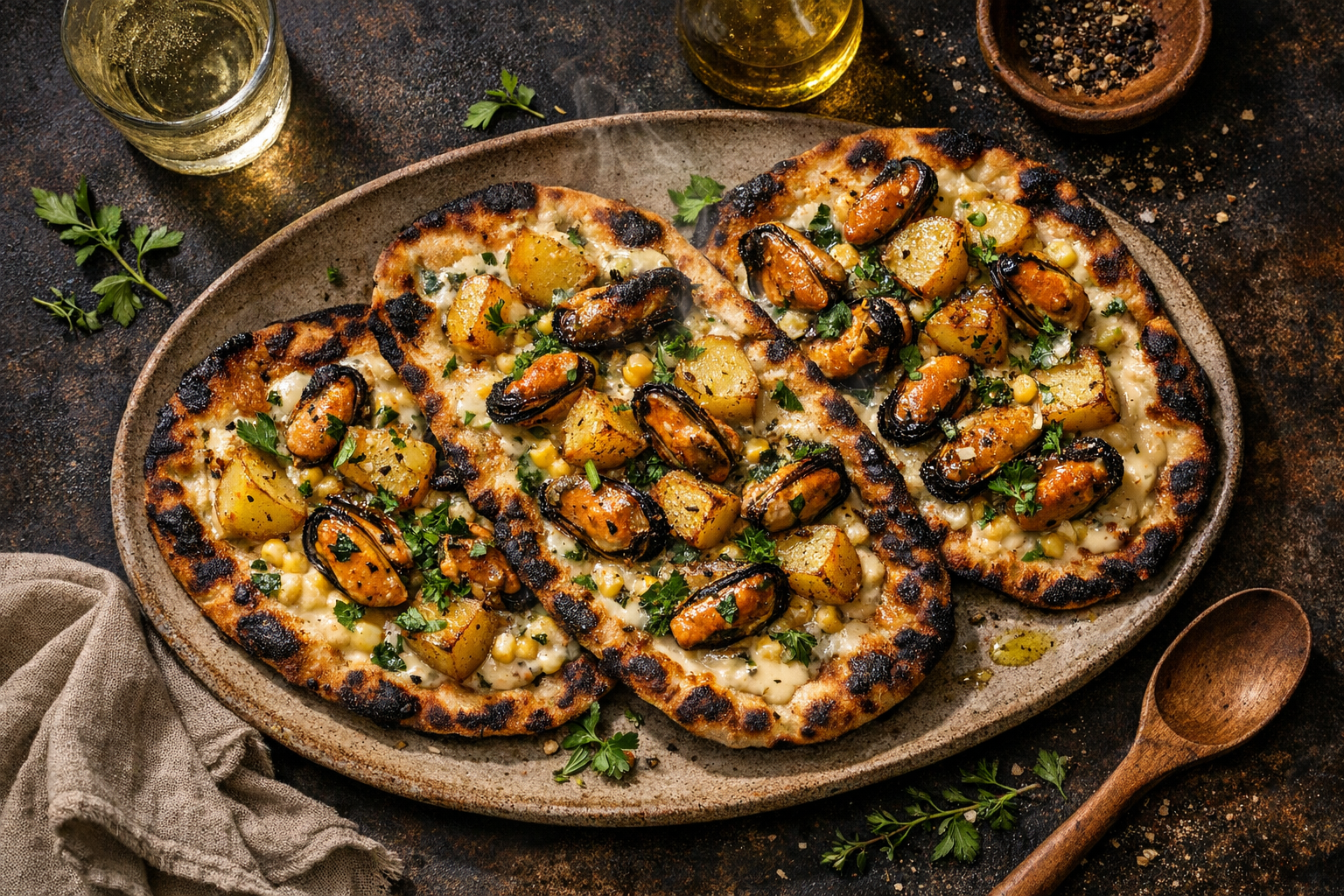 Char-edged flatbreads on a warm stoneware platter, glossy corn-thyme cream pooling under golden potatoes and plump roasted mussels, finished with parsley and cracked pepper.