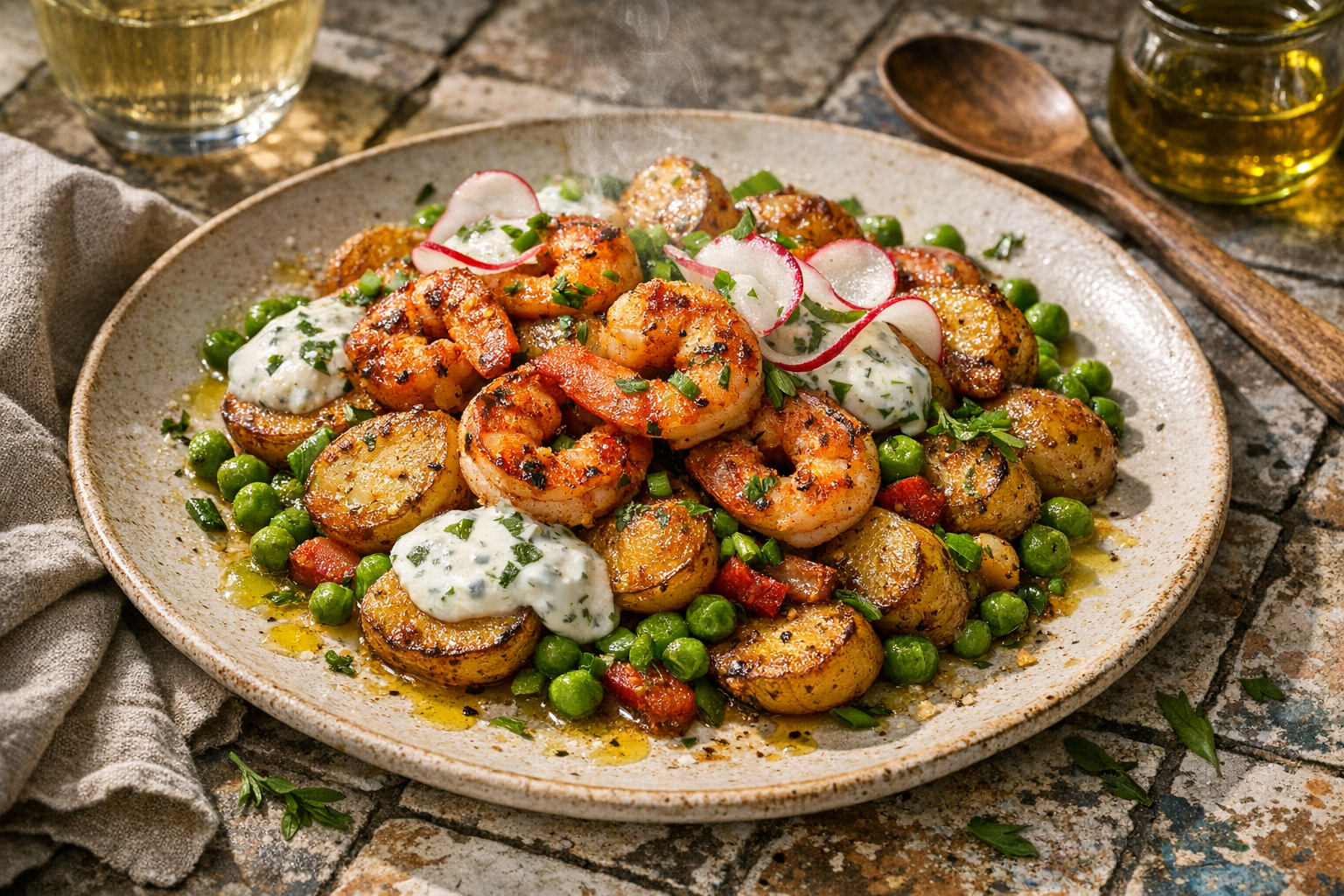 Golden-edged potato hash and rosy paprika shrimp over bright peas on a warm stoneware platter, dotted with pale lemon-herb yogurt, radish curls, and spring onion greens.