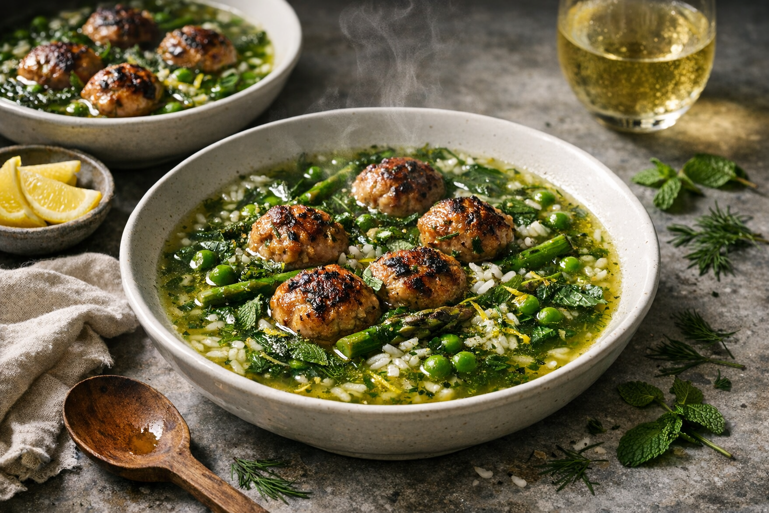 Wide white bowls of emerald broth with golden roasted pork meatballs, pearly rice, bright asparagus and peas, glistening with olive oil and lemon zest, showered in chopped dill and mint.