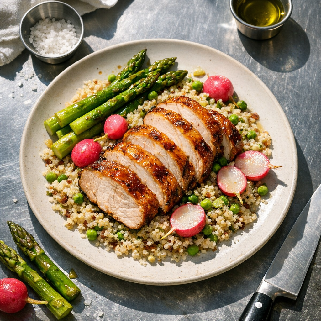 The dish features succulent slices of golden pork atop a bed of fluffy quinoa, surrounded by vibrant green asparagus and pink radishes.