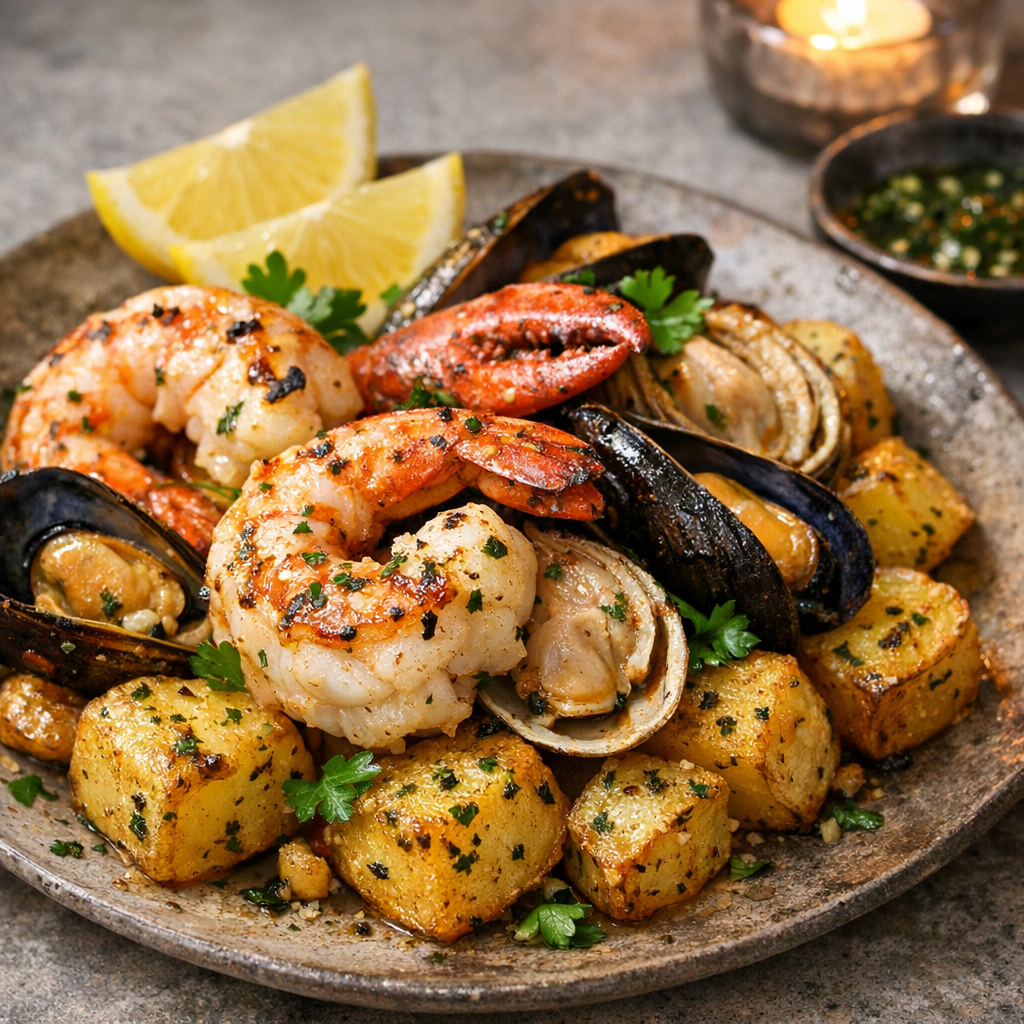 The dish is a colorful arrangement of roasted shellfish atop golden, herb-infused potatoes, garnished with fresh parsley and lemon wedges.