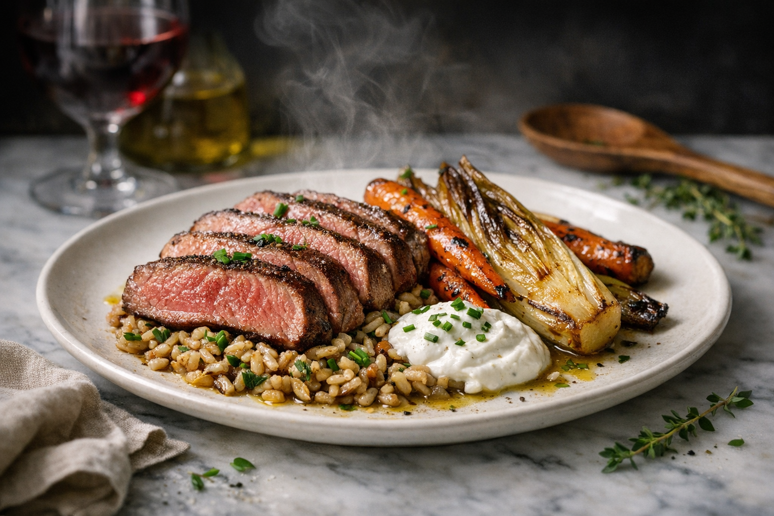 Sliced, rosy-centered sirloin fanned over glossy herb-flecked farro on a warm white plate, with caramelized endive and charred carrots, a cool dollop of pale yogurt, and a final green shower of chives.