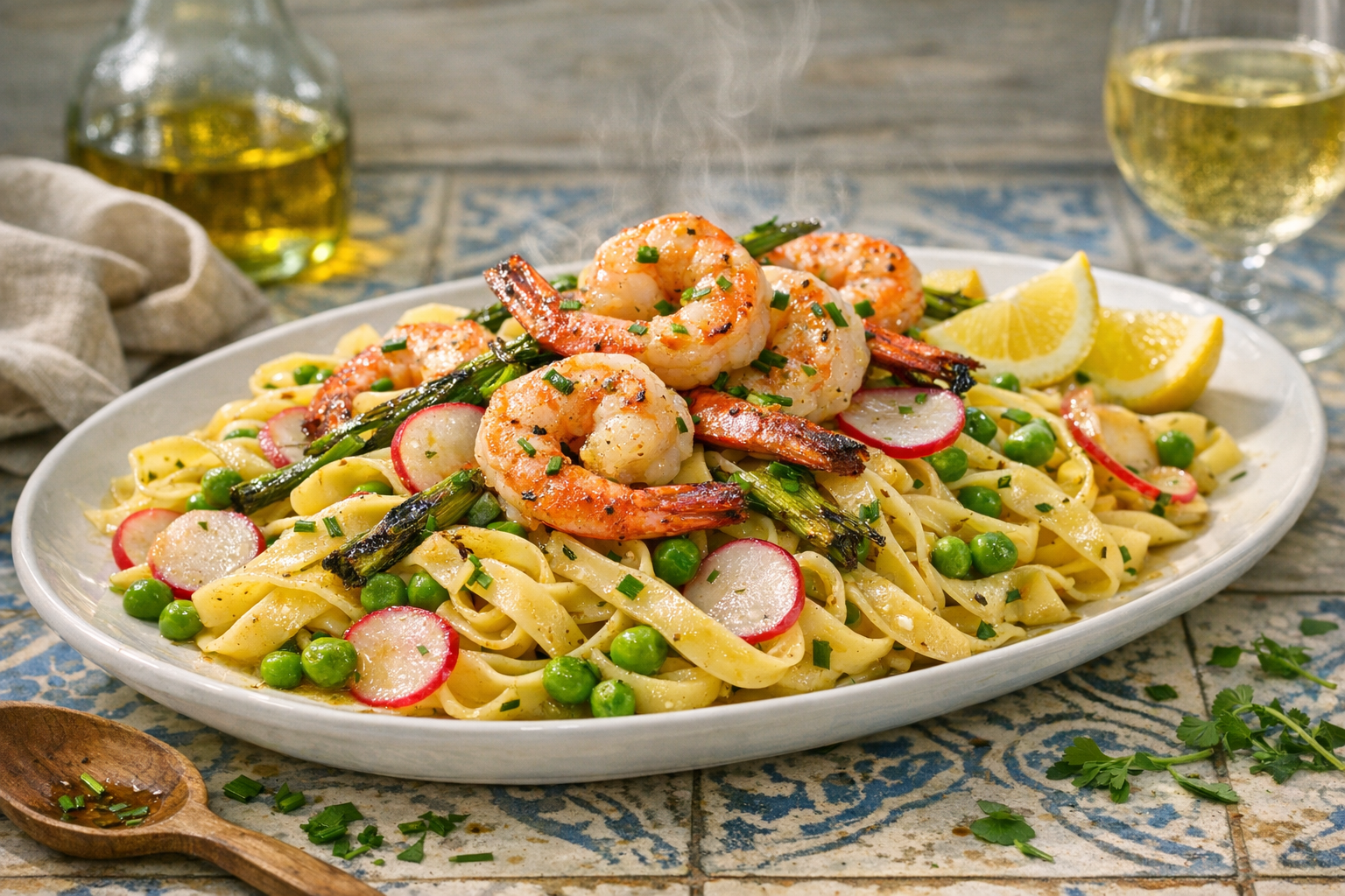 Roasted pink shrimp and charred scallions over glossy buttered egg noodles, bright peas and paper-thin radishes, flecked with chives, served on a warm wide white platter with lemon wedges.