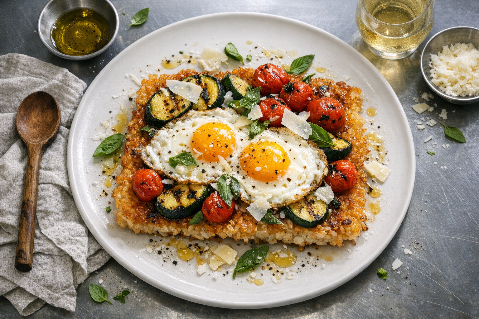 A bronzed, crackly rice slab on a wide matte-white platter, topped with glossy sunny eggs, char-kissed zucchini and blistered tomatoes, finished with Pecorino shards and torn basil.