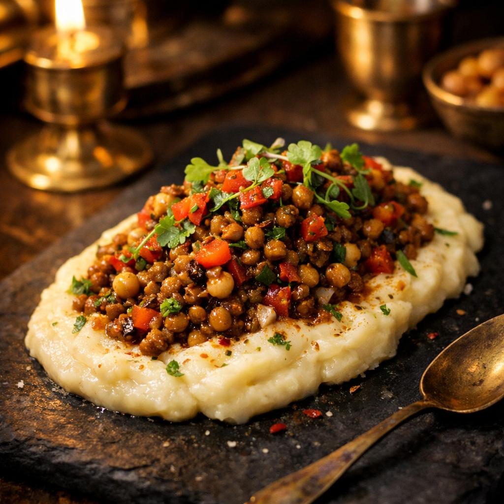 A vibrant dish featuring a smooth, pale potato purée topped with colorful, seasoned lentils and garnished with fresh herbs.