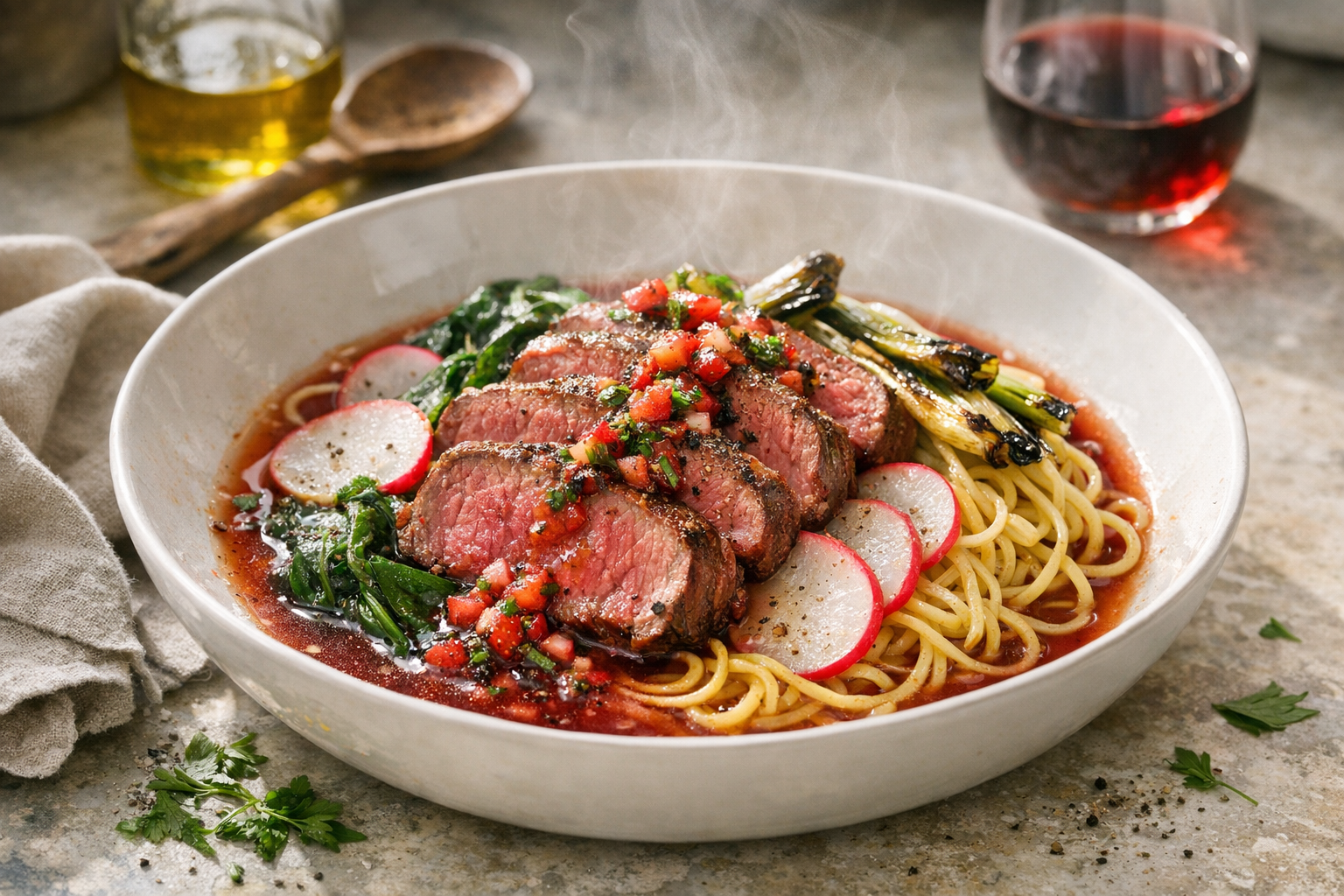 Ruby broth and blushing beef over golden noodles with emerald spinach, red strawberry flecks and white radish, finished with charred scallions and cracked pepper in a wide white bowl.