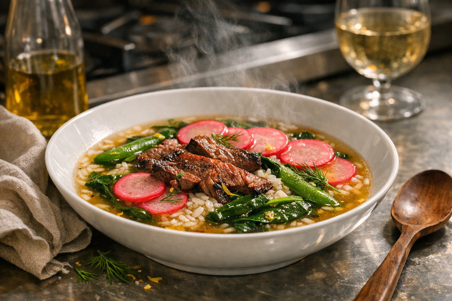 Clear amber broth with pearly rice, seared beef ribbons, emerald snap peas and spinach, pink radish coins, dill fronds and lemon zest, in a wide white bowl.