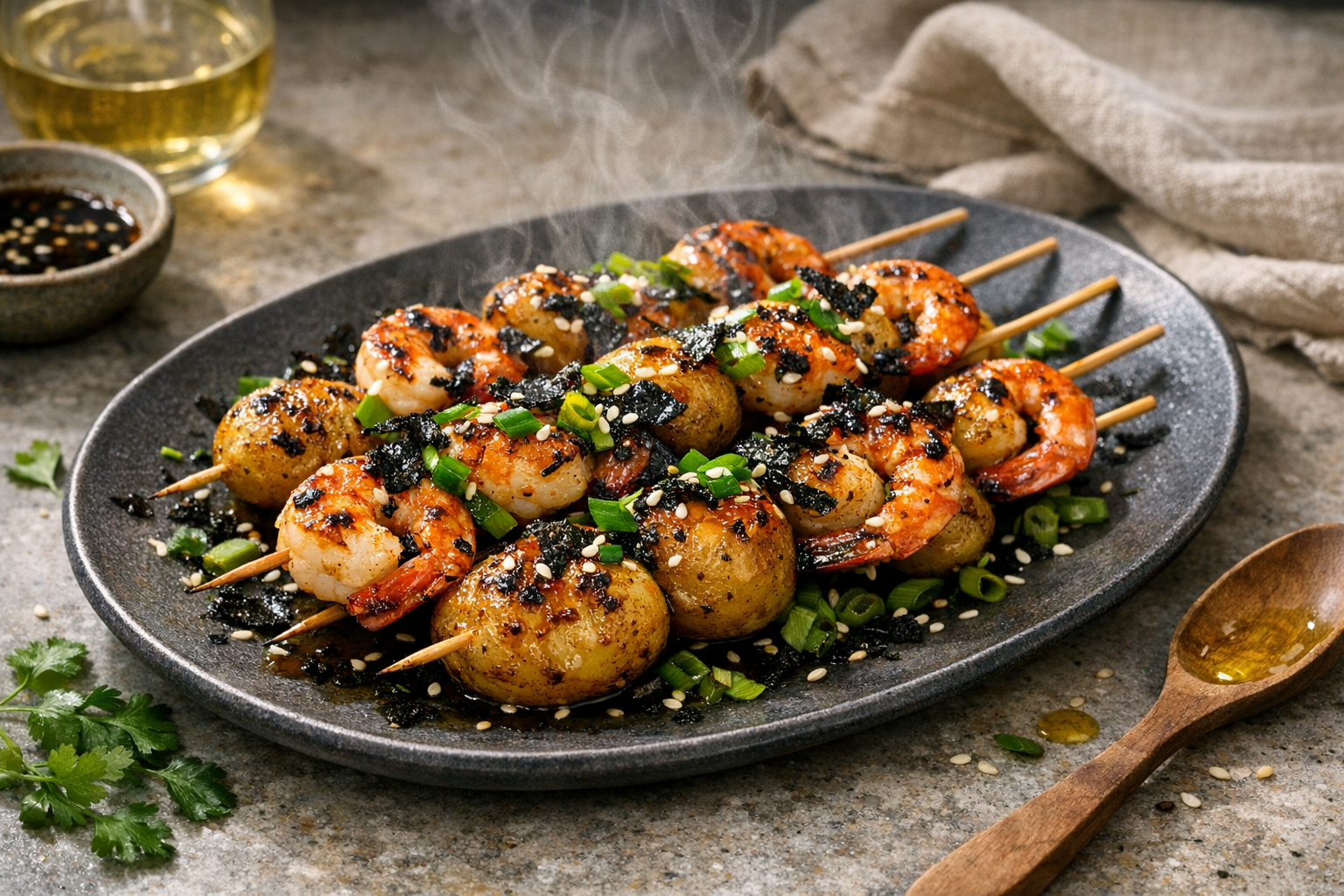 Glossy, char-marked shrimp and golden blistered potatoes on a charcoal-gray platter, showered with emerald scallions, ivory sesame, and inky nori shards, lacquer gleaming under warm light.