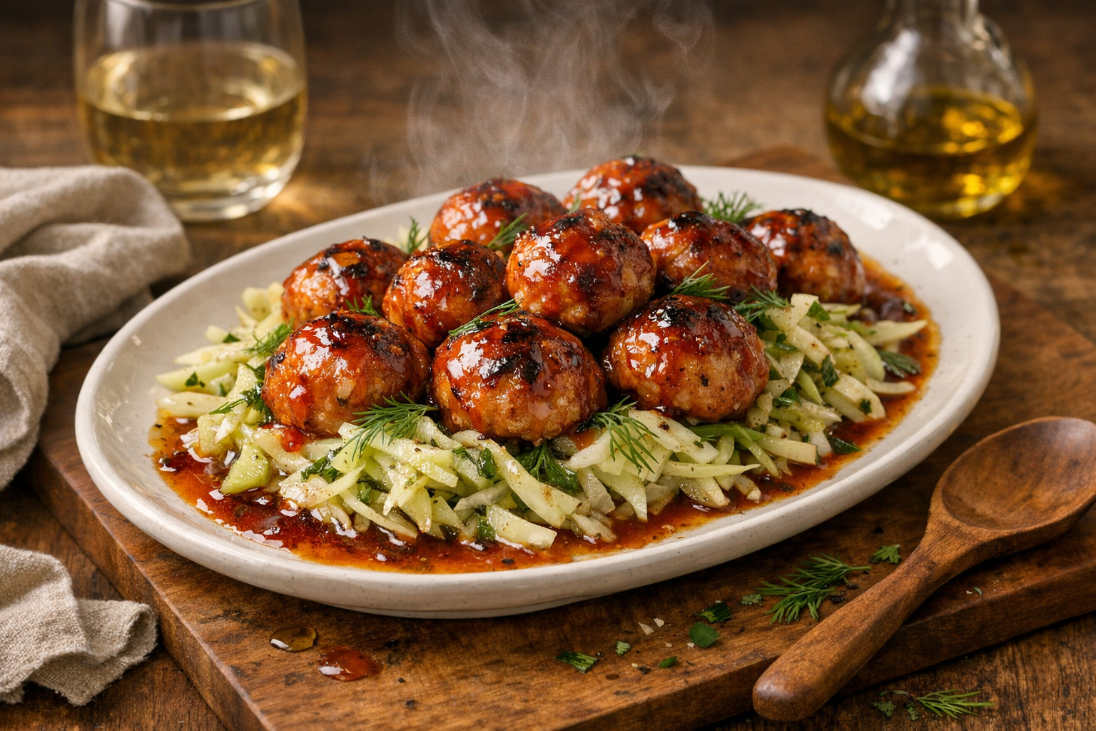 Glossy scarlet-glazed chicken meatballs atop pale-green kohlrabi-fennel slaw, dill fronds scattered, sauce pooling at the rim of a warm white oval platter.