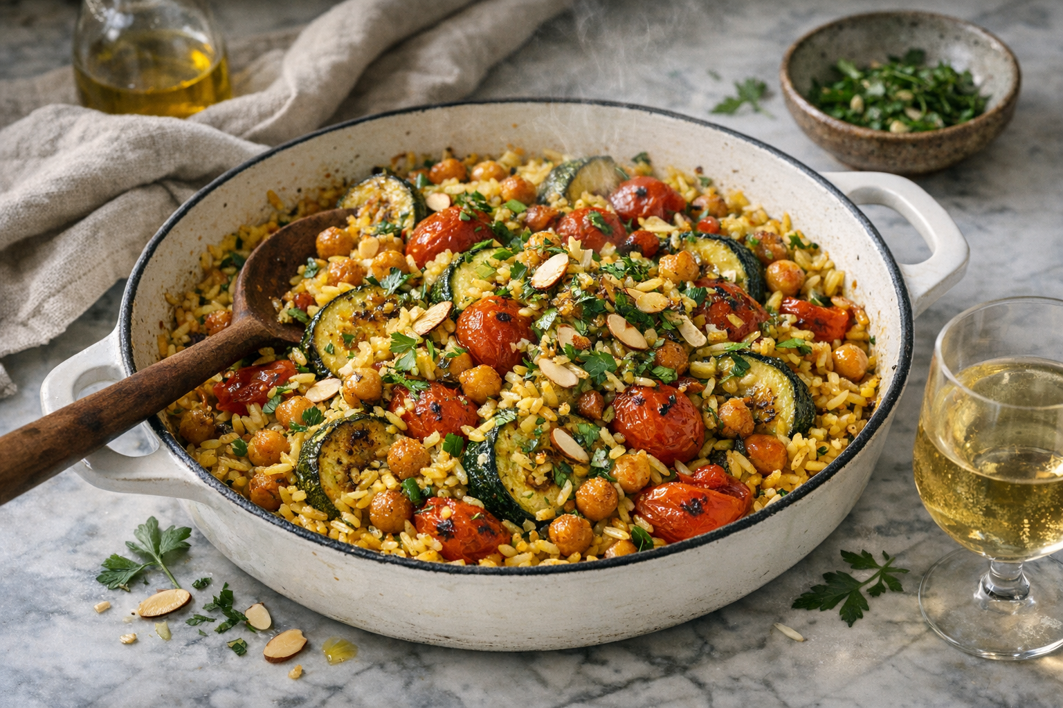 Turmeric-gold rice studded with crisp chickpeas, charred zucchini, and blistered tomatoes, glossed with lemon oil and herbs, scattered with toasted almonds in a wide white enamel skillet.