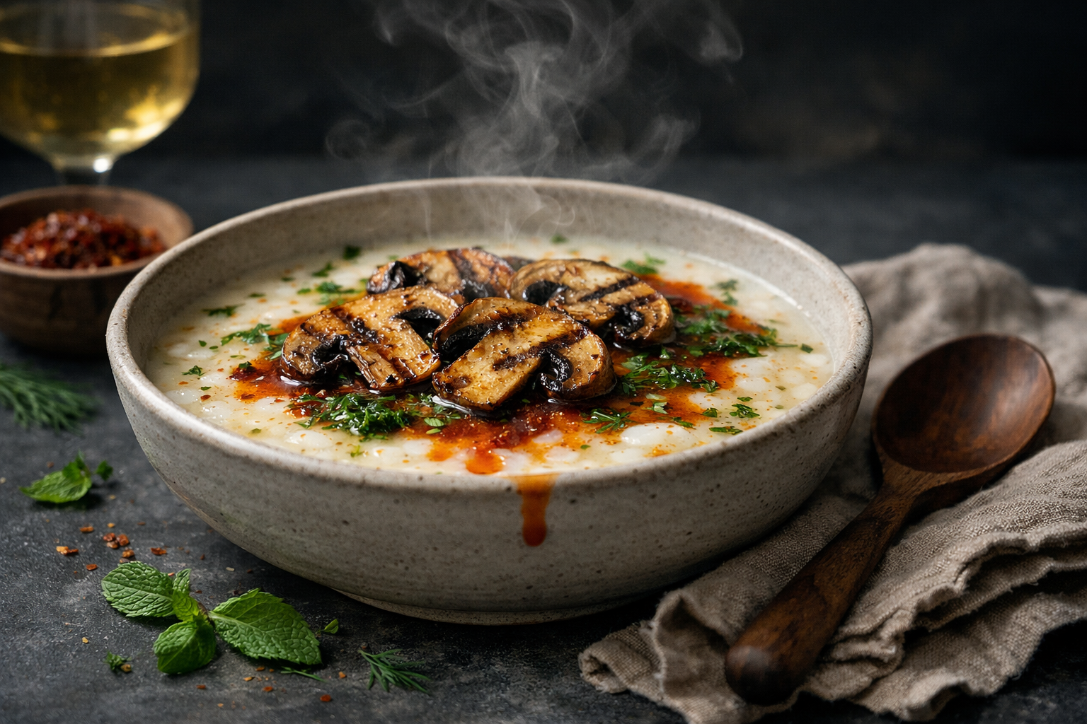 Ivory yogurt-rice soup in wide stoneware bowls, topped with char-striped mushroom slices, emerald mint-dill flecks, and a brick-red butter slick, steam curling over a matte, slate-grey table.
