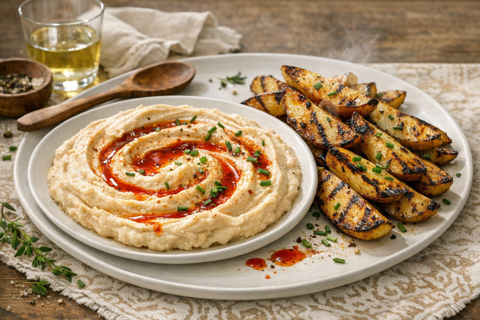 Pale, silky chickpea swirls streaked with glossy red oil, char-blackened gold potato wedges, and a confetti of green chives on a wide matte-white platter.